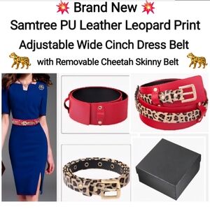 Red PU Wide Cinch Belt with Removable Leopard Skinny Belt